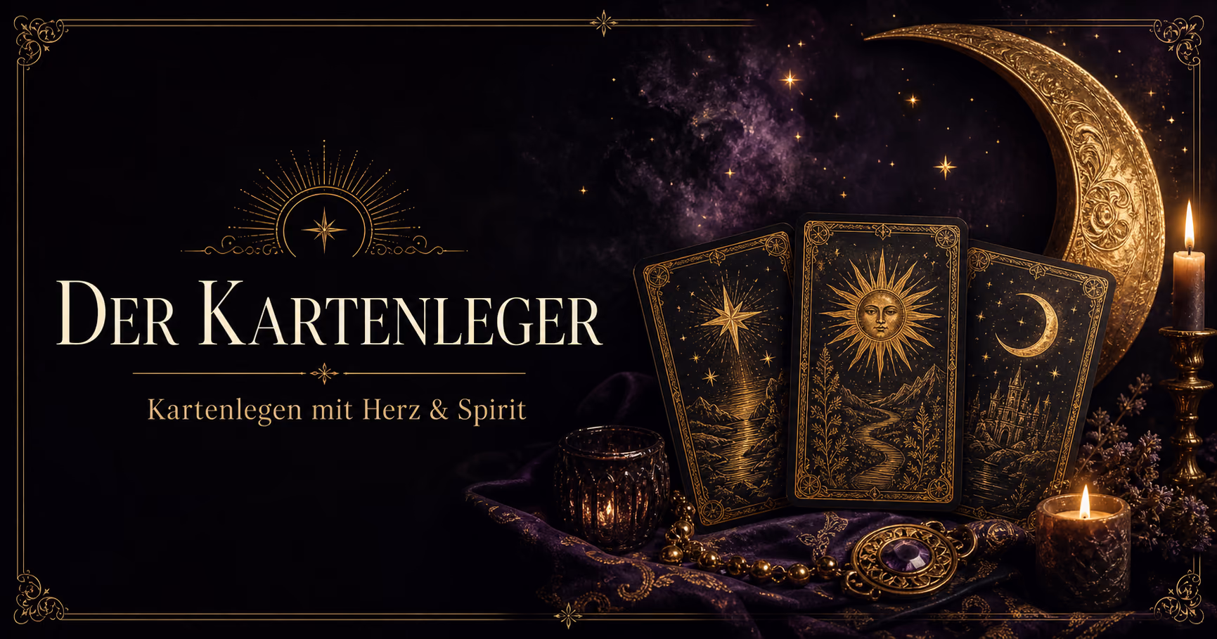 Der Kartenleger – mystisches Tarotmotiv mit drei Karten, goldenem Mond und brennenden Kerzen